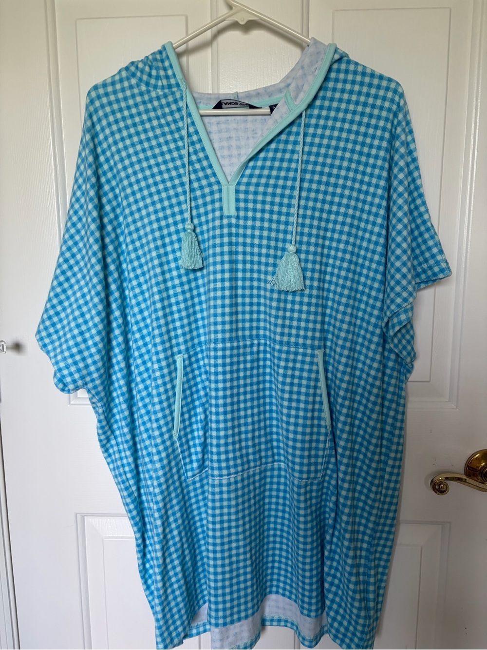 Lands' End Aqua Gingham Hooded Swim Coverup